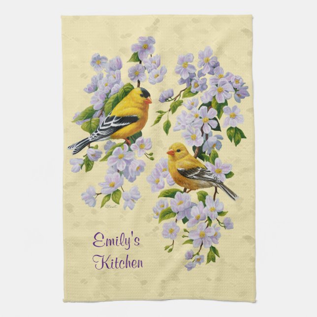 Gold Finches & Apple Blossoms Yellow Kitchen Towel (Vertical)