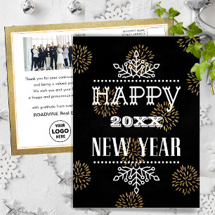 Gold Fireworks Corporate Photo Fun Script New Year Postcard