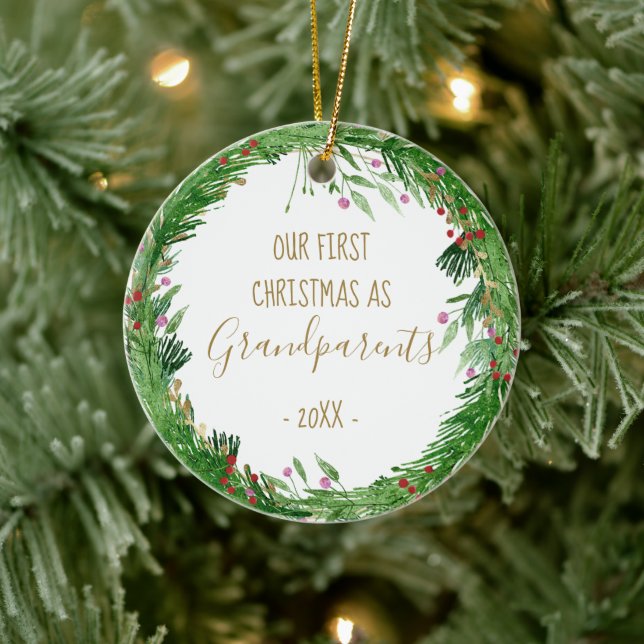 Gold First Christmas as Grandparents Baby Photo Ceramic Ornament (Tree)