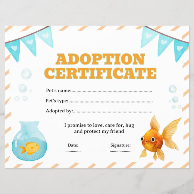 Gold fish adopt a pet certificate editable flyer (Front)