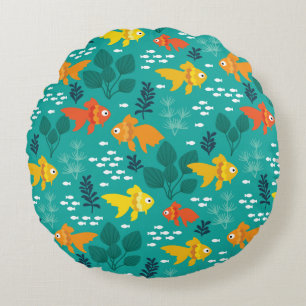 Gold Fish in Aquarium Round Pillow