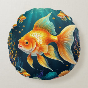 Gold Fish in Underwater Round Pillow