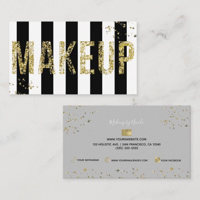 Gold Flakes Glitter Black White Minimal Makeup Business Card (Front/Back)