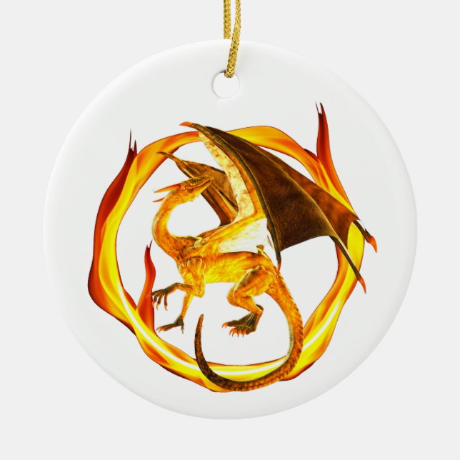Gold Flaming Fantasy Dragon Ceramic Ornament (Front)