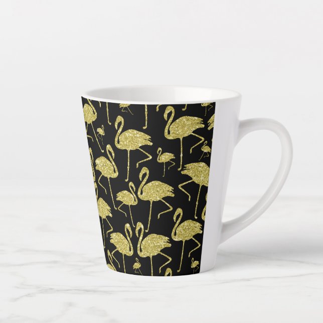 Gold Flamingo Bird Glitter on Black Design Latte Mug (Right)