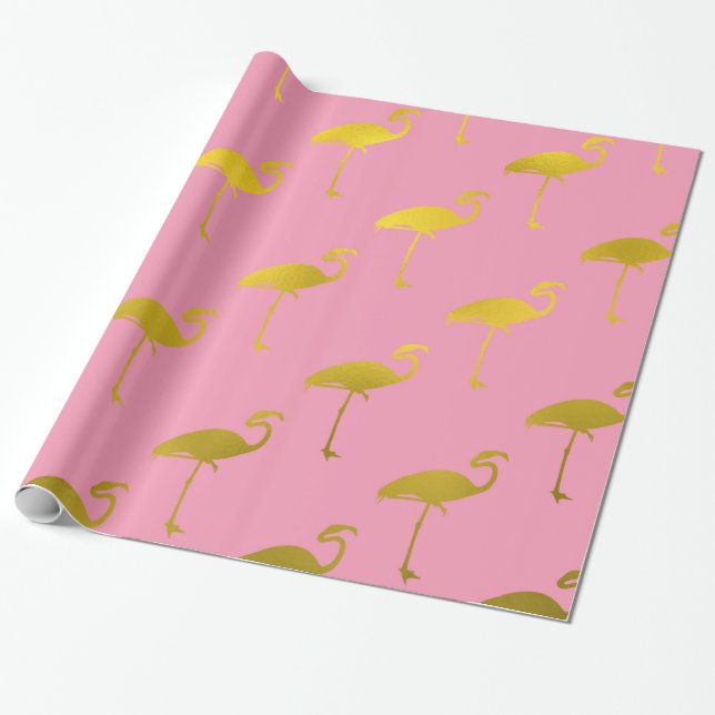 Gold Flamingo Faux Metallic Foil Tropical Flamingo Wrapping Paper (Unrolled)
