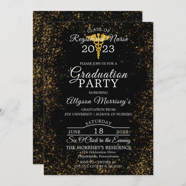 Gold Flecks Photo Nursing School | Med Graduation Invitation (Front/Back)