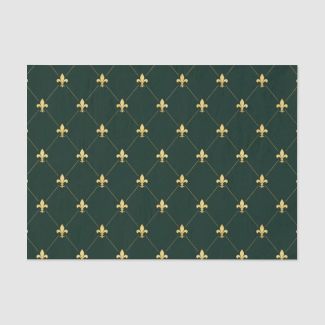Gold Fleur-de-Lis Dark Green Tissue Paper (Front)