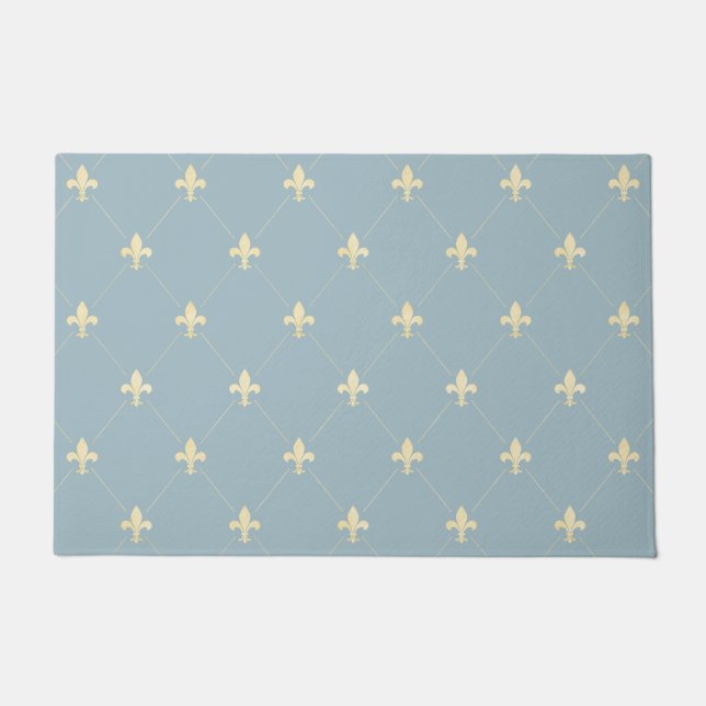 Gold Fleur-de-Lis Dusky Blue Doormat (Front)
