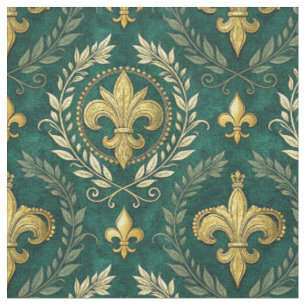 Gold Fleur-de-lis Emerald Green Damask Pattern Art Fabric