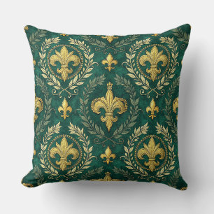 Gold Fleur-de-lis Emerald Green Damask Pattern Art Throw Pillow