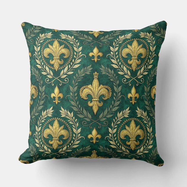 Gold Fleur-de-lis Emerald Green Damask Pattern Art Throw Pillow (Front)
