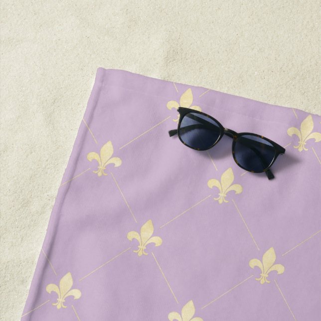 Gold Fleur-de-Lis Lilac Beach Towel (In Situ)