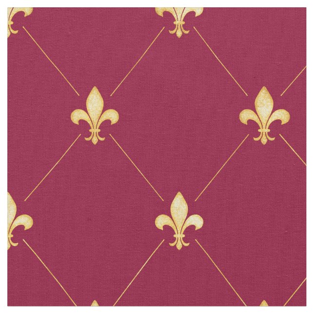 Gold Fleur-de-Lis (medium scale) Wine Red Fabric (Close Up)