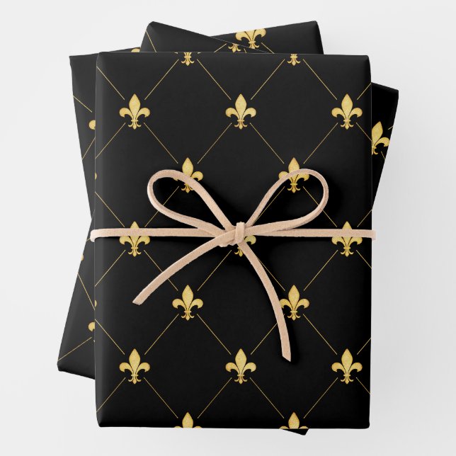 Gold Fleur-de-Lis on Black Wrapping Paper Sheet (In situ)