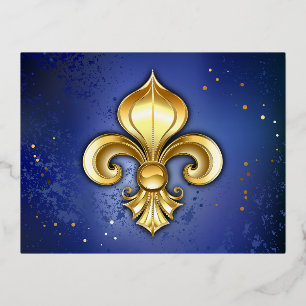 Gold Fleur de Lis on Blue Foil Invitation Postcard