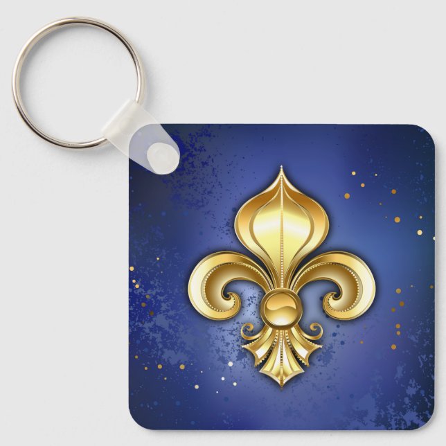 Gold Fleur de Lis on Blue Keychain (Front)