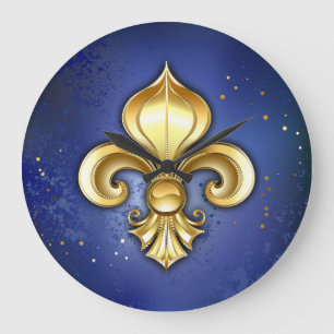 Gold Fleur de Lis on Blue Large Clock