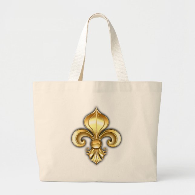 Gold Fleur de Lis on Blue Large Tote Bag (Front)