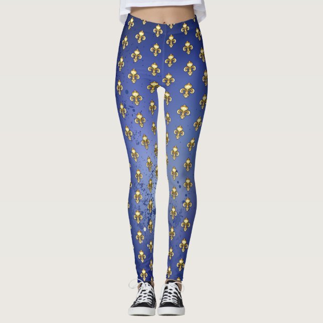 Gold Fleur de Lis on Blue Leggings (Front)