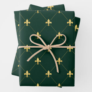 Gold Fleur-de-Lis on Dark Green Wrapping Paper Sheet