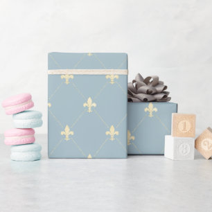 Gold Fleur-de-Lis on Dusky Blue Wrapping Paper