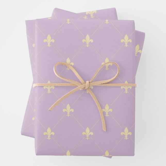 Gold Fleur-de-Lis on Lilac Wrapping Paper Sheet (In situ)