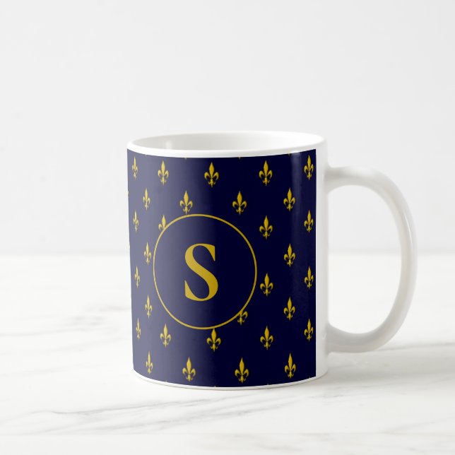 Gold Fleur de Lis Pattern on Royal Blue Coffee Mug (Right)