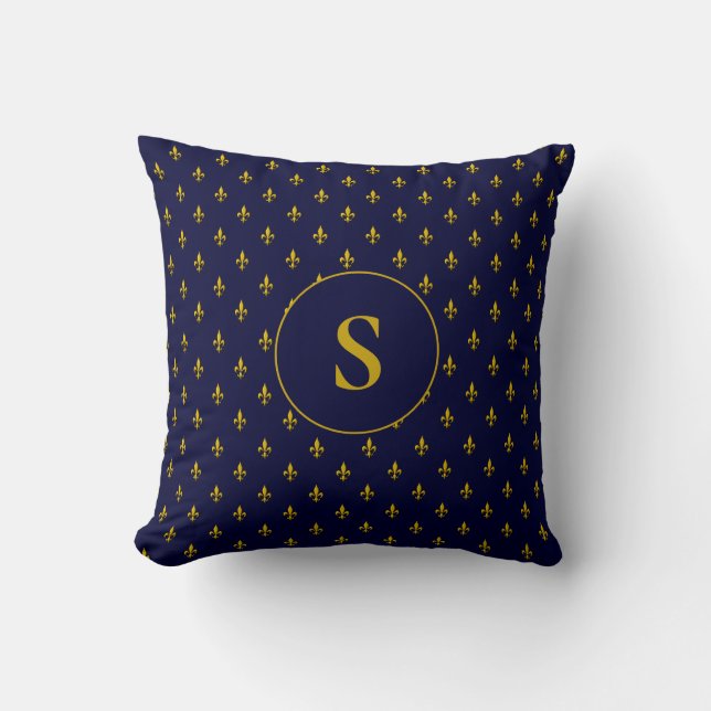 Gold Fleur de Lis Pattern on Royal Blue Monogram Throw Pillow (Front)