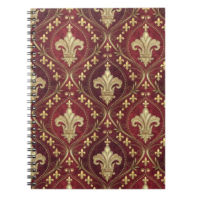Gold Fleur-de-lis Red Velvet Royal Design Pattern Notebook (Front)