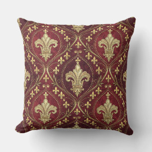 Gold Fleur-de-lis Red Velvet Royal Design Pattern Throw Pillow