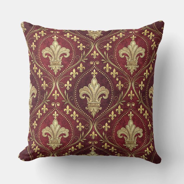 Gold Fleur-de-lis Red Velvet Royal Design Pattern Throw Pillow (Front)