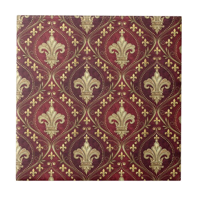 Gold Fleur-de-lis Red Velvet Royal Design Pattern Tile (Front)