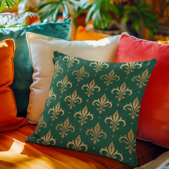 Gold fleur-de-lis seamless pattern on green throw pillow (Creator Uploaded)