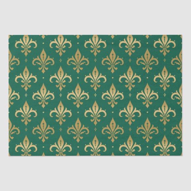 Gold fleur-de-lis seamless pattern on green tissue paper (Front)