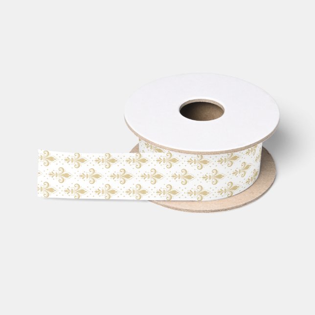 Gold fleur-de-lis seamless pattern on white satin ribbon (Spool)