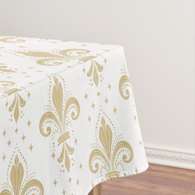 Gold fleur-de-lis seamless pattern on white tablecloth (In Situ)