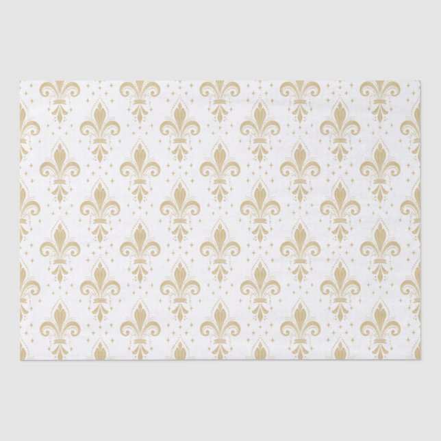 Gold fleur-de-lis seamless pattern on white tissue paper (Front)