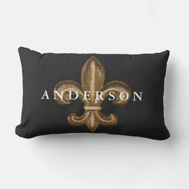 Gold Fleur de Lis & White Lattice Black Lumbar Pillow (Front)