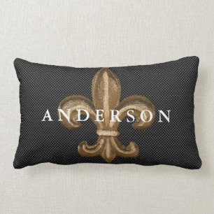 Gold Fleur de Lis & White Lattice Black Lumbar Pillow