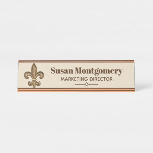 Gold Fleur de Lis & White Lattice Taupe Desk Name Plate