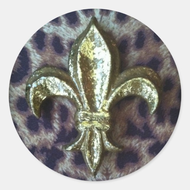 GOLD FLEUR-DE-LIS WITH LEOPARD FRAME CLASSIC ROUND STICKER (Front)