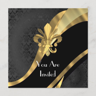 Gold fleur de lys on black damask invitation
