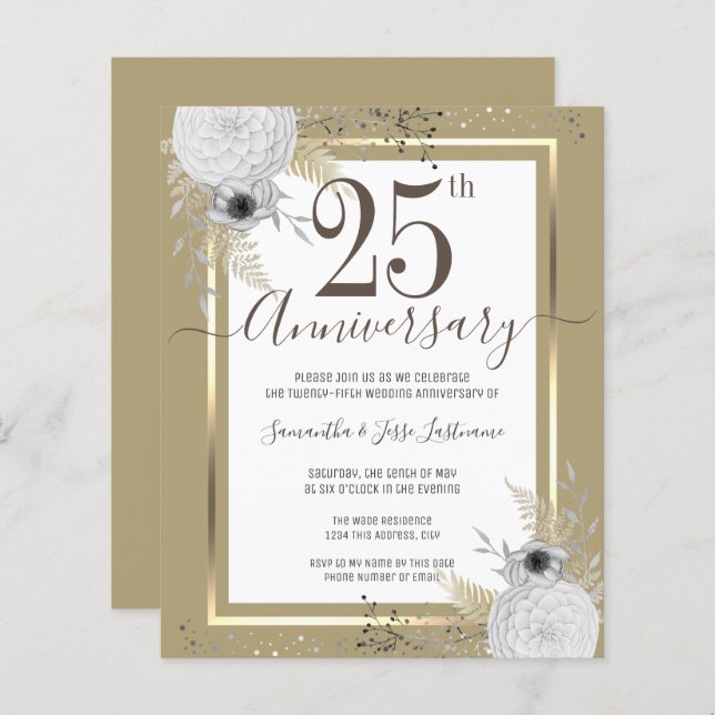 Gold Floral 25th Wedding Anniversary Paper Sheet (Front/Back)