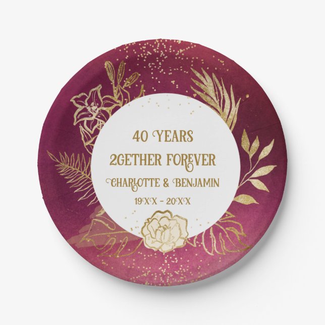  Gold Floral 40 years Anniversary Ruby Wedding Paper Plate (Front)