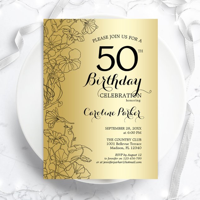 Gold Floral 50th Birthday Party Invitation (Creator Uploaded)