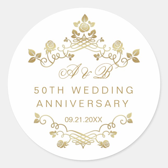 Gold Floral 50th Wedding Anniversary  Classic Roun Round Sticker (Front)