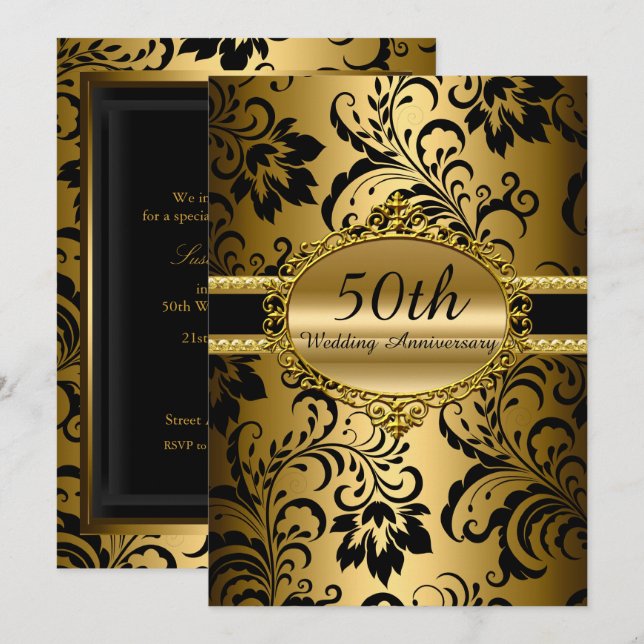 Gold Floral 50th Wedding Anniversary Invite (Front/Back)