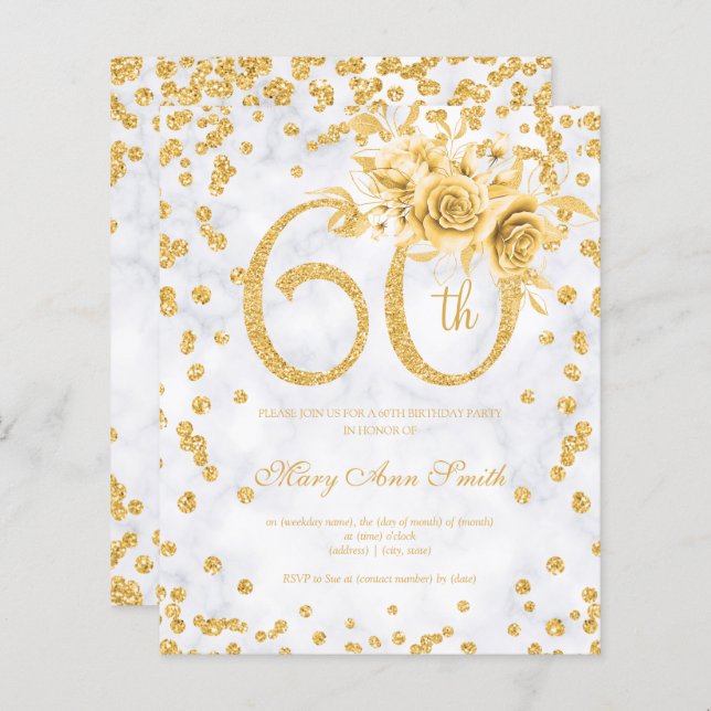 Gold Floral 60th Birthday Glam Marble  (Front/Back)