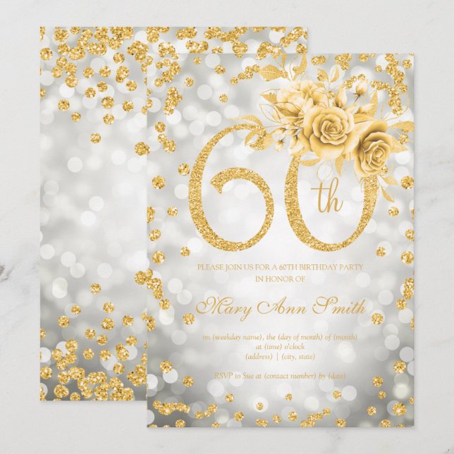 Gold Floral 60th Birthday Glam Silver Lights Invitation (Front/Back)